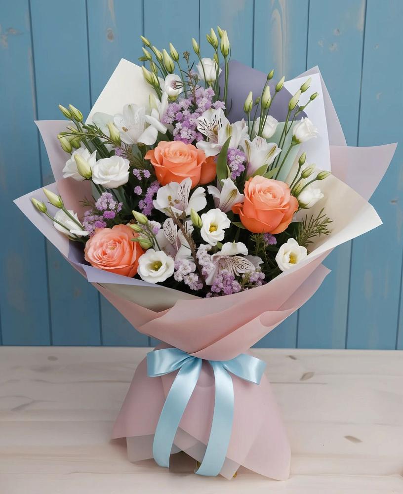 Букет цветов из: Лизиантусы, Розы, Альстромерии и Гипсофила в Фуньково