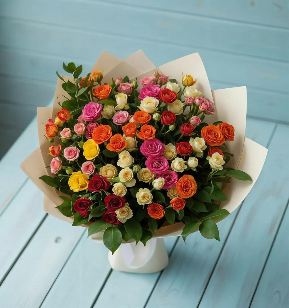 Букет Микс из разноцветных кустовых роз в Фуньково