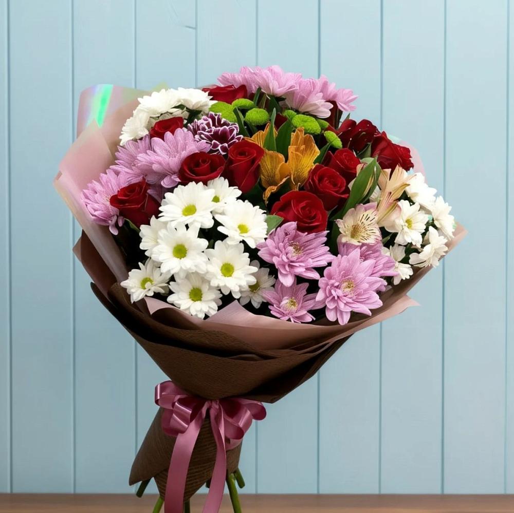 Букет цветов из: Розы, Хризантемы и Альстромерии в Фуньково