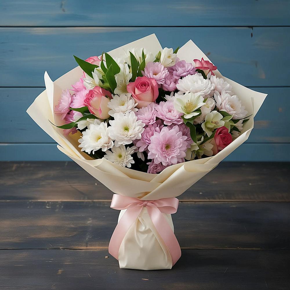 Букет цветов из: Хризантемы, Альстромерии и Розы в Фуньково